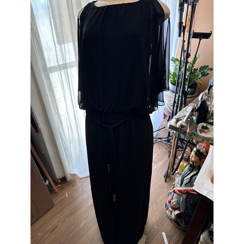 MSK Black Blouson Chiffon Overlay Cape Sleeve Wide Leg Jumpsuit Size Medium